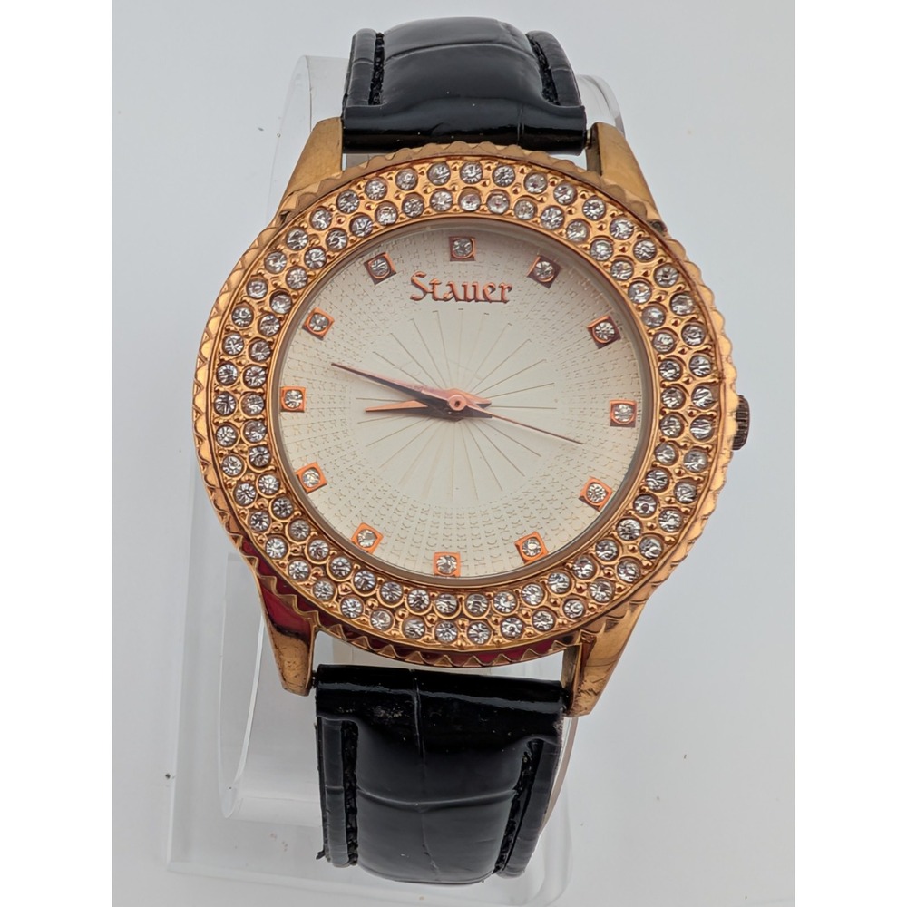Stauer Sirene Watch Women 38mm Rose‎ Gold Tone Black Leather Band- New Battery